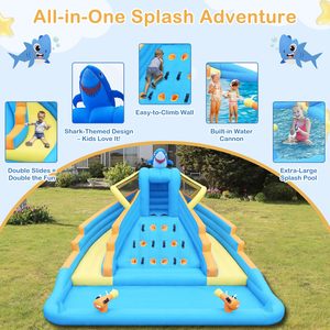 Parque Acuático Inflable Shark de 13 Pies con Toboganes Dobles, Pared de Escalada, Piscina de Chapoteo, Cañón de Agua para Niños, Jardín Trasero - Product Image 2