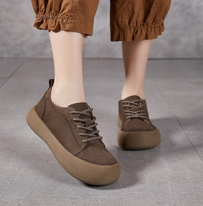 Peau de vache de haute qualité pour femmes avec semelle épaisse plat grosse tête moche conception mignonne à lacets matériau supérieur souple en cuir décontracté - Product Image 6