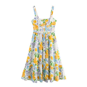Abiti Casual estate abito Midi per le signore Sexy U collo senza maniche limone abito floreale - Product Image 5
