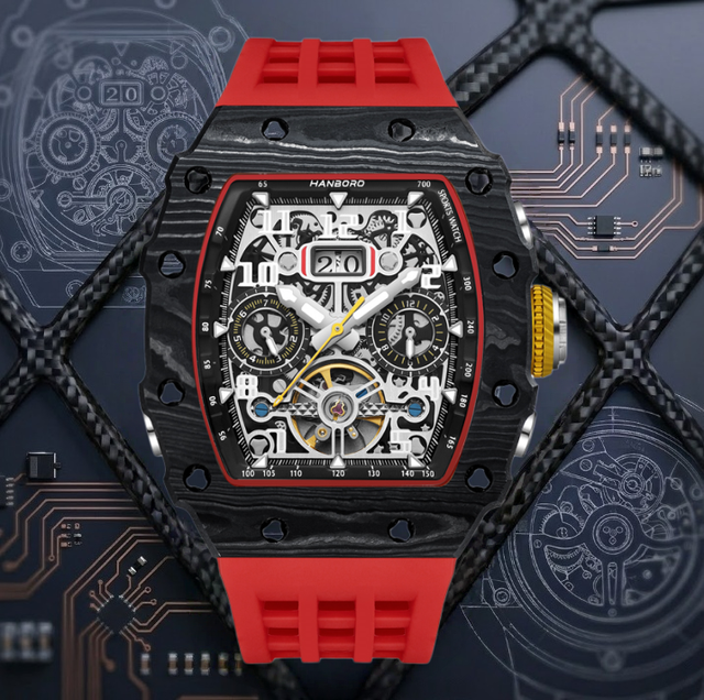HANBORO Luxury Skeleton Wristwatch Carbon Fiber  Watch with Chronograph Waterproof Sport Watch for Men Perfect for Racing