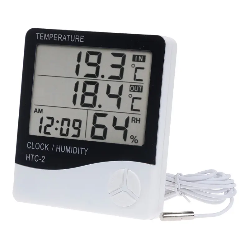 جهاز قياس درجة الحرارة الرقمي HTC-2 LCD مزود بقاعدة توقيت الحرارة واختبار درجة الحرارة والرطوبة لاسلكيًا مع منبه للساعات للاستعمالات الداخلية والخارجية
