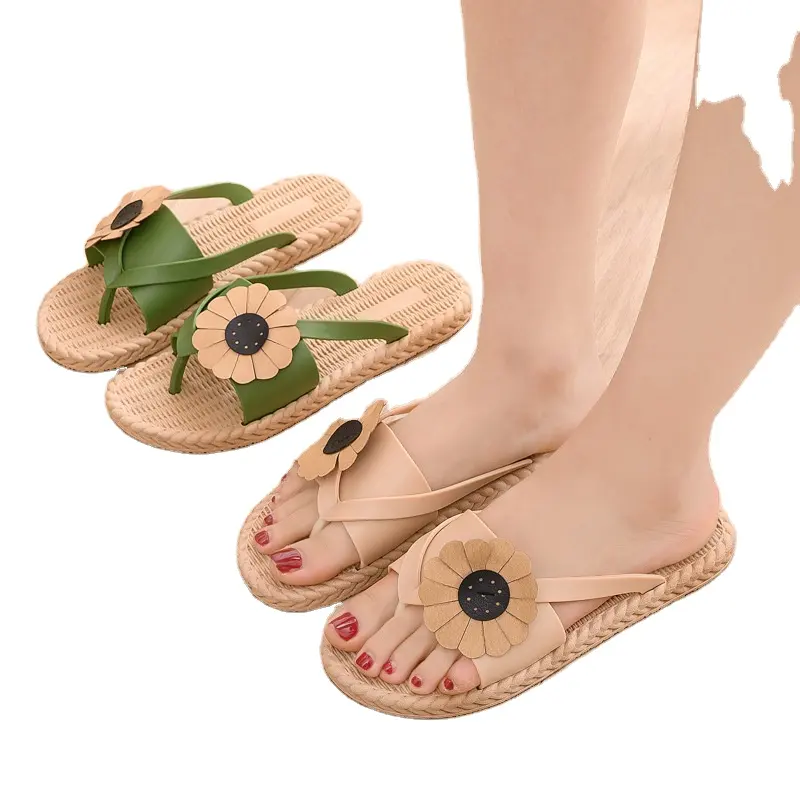 Women's Fashion Handmade Black Sandal Summer Bridal Flip Flops Ladies Flower Beach Shoes Slippers