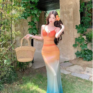 Mesh Spaghetti Strap Dress Tie Dye Long Openwork Beach Vacation Casual Dress Natural Waistline - Product Image 4