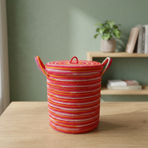 Colorful Jute Woven Straw Storage Basket <b>with</b> Handle <b>Lid</b> Rope Organizer <b>Bin</b> for Living Room Nursery Bathroom - Product Image 4