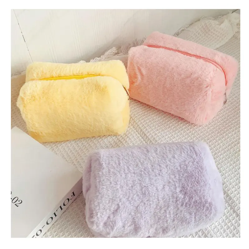 Thiết kế mới mềm Faux Fur Petty pastel Fluffy Furry Make Up Túi mỹ phẩm Pouch bút chì trường hợp