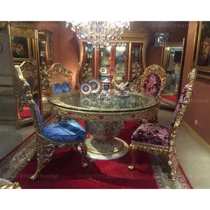 Baroque design French royal luxury round dining table and chair set with glass countertop