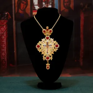 HT vergoldetes Kruzifix Anhänger-Halsband für Herren Damen Jesus-Kreuz-Halsband orthodoxes Kruzifix für Pater Bischof Weihnachtsgeschenk