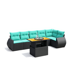 Juego de sofás de patio de ratán sintético negro de 7 piezas con cojines, muebles de exterior, asientos de diseño contemporáneo para 7 personas - Product Image 1