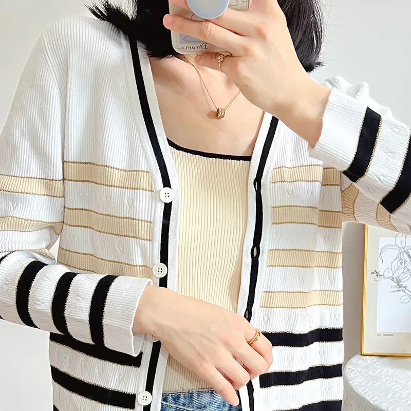 Spring New Arrival Vintage Women V-neck Tops Design Knitted Lady Slim Fitted Striped Cardigan