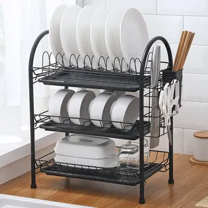 Kitchen Anti-rust Dish Storage Holder Rack 3 Tier Dish Drainer Rack with Cup Holder for Kitchen Counter Top