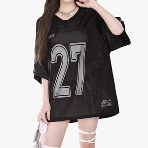 Women's Mesh Patchwork V-Neck Short <b>Sleeve</b> T-<b>Shirt</b> Summer Loose <b>Half</b> <b>Sleeve</b> Sporty Hiphop Jersey Style Top - Product Image 3