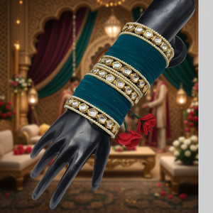 Jewelemarket <b>Gold</b> Plated Rama Green Kundan Stone and Pearls Velvet <b>Bangles</b> <b>Set</b> Elegant Pearl Bracelets - Product Image 3