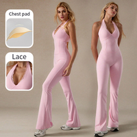 Combinaison de yoga pour femme à col halter, dos nu en dentelle, avec coussinets de poitrine intégrés, jambes évasées, pour la gym, le fitness et le sport
