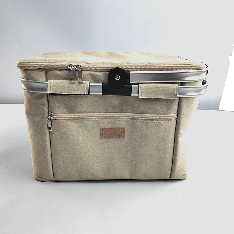 Insulated Cooler Bag Collapsible Portable Picnic Basket Grocery Bag Picnic kit with Aluminium Handle for Travel