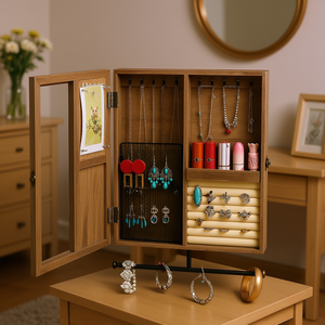 Wooden Jewelry Box Barn Door Organizer For Necklaces Earrings Bracelets Rings Brown 10-20 L <b>Storage</b> <b>Container</b> - Product Image 2