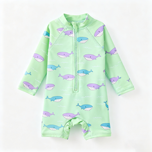 Traje de Baño de una Pieza para Niños Pequeños, de Tela Elástica, Transpirable y de Secado Rápido, Manga Larga, Cierre Frontal, Estampado de Ballena Verde Claro - Product Image 2