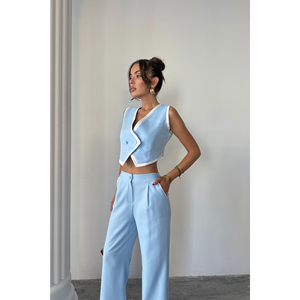 Ensemble décontracté pour femme : gilet court bleu avec passepoil asymétrique et short en tricot pour le printemps et l'été, taille XS - Product Image 3