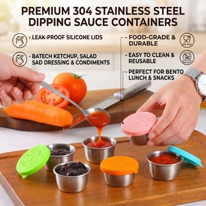 6PC/<b>Set</b> 304 Stainless Steel Dipping Sauce Cups Food Containers Reusable Salad Dressing Container Silicone Stretch Lids Leakproof - Product Image 2