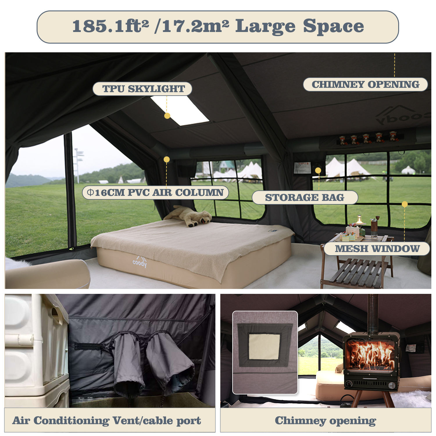 Coody Familia 17.2 エアテント - グレー大型キャンプ用UV保護
