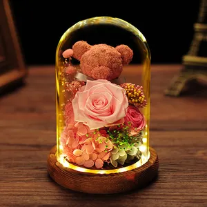 باقة من الزهور المجففة الصادقة على شكل دب الشوكو في صندوق هدايا هدايا عيد الأم بغطاء زجاجي باقة من الزهور الأبدية