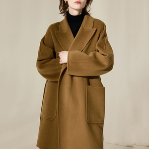 Weshallo Manteaux en Laine <span class=keywords><strong>Mi</strong></span>-longs Personnalisés de Luxe pour Femmes Winer Double Face 100% <span class=keywords><strong>Manteau</strong></span> en Laine Véritable avec Ceinture - Product Image 3