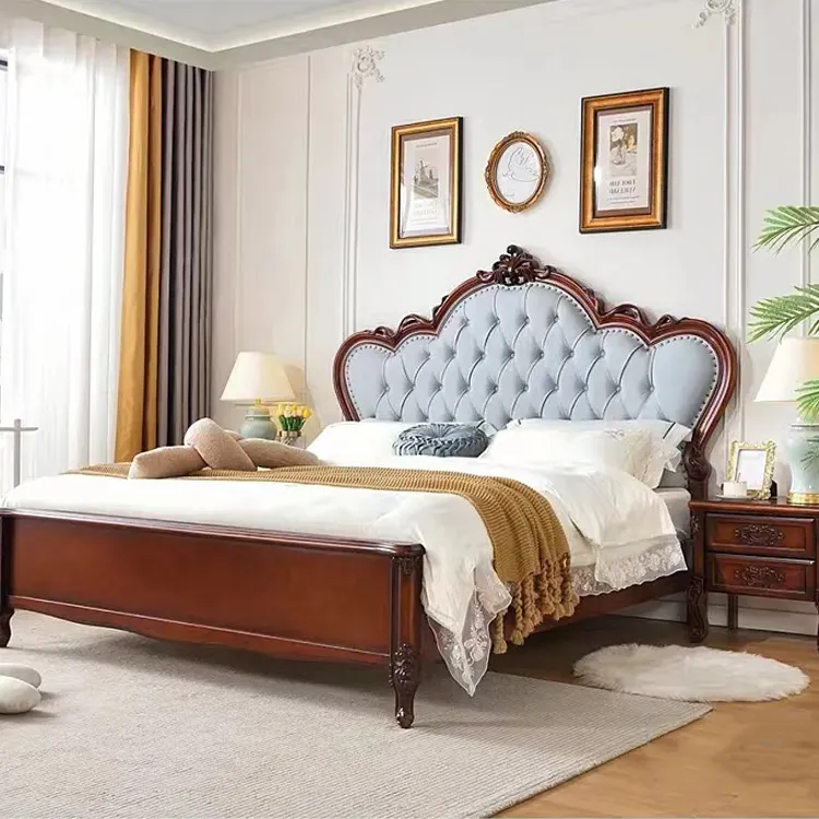 アメリカの伝統的な古典的な寝室セット特大無垢材ベッドブラウンキングサイズクイーンサイズベッドフレーム