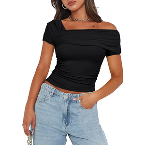 W4366 vendita calda da donna tinta unita a spalla singola t-shirt Slim Fit a manica corta da donna <span class=keywords><strong>camicetta</strong></span> corta - Product Image 3