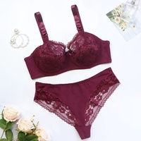 Ensemble soutien-gorge et culotte en dentelle bleue grande taille pour femme, bralette fine bonnet D, push-up, respirant, 2 pièces