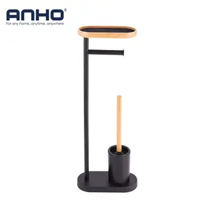 New Design Free Standing Bathroom Set Metal Steel Black Toilet Brush And Roll Paper Holder With Cell Phone Holder