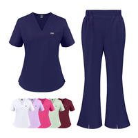 Nouvelle Arrivée : Ensembles d'uniformes médicaux extensibles 4 directions pour femmes, avec col en V et pantalon évasé, pour le personnel médical et les salons de beauté