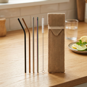 Reusable Metal <b>Drinking</b> <b>Straws</b> Set with Cleaning Brush and Mesh Pouch 5-Pack Minimalist Travel Design - Product Image 4