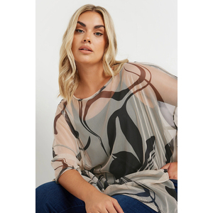 Top estivo da <span class=keywords><strong>donna</strong></span> oversize <span class=keywords><strong>marrone</strong></span> stampato in rete a maniche corte, tunica floreale girocollo con spacchi, vestibilità ampia - Product Image 4