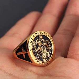 Punk Biker Christian Cross Statement Siegelringe St Christopher Schützen Sie uns Ring für Männer Edelstahl Religiöser Amulett ring - Product Image 5