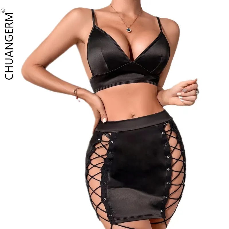 CHUANGERM In Stock 2024 Lingerie New Arrivals Triangle Cup Beauty Back Strap Wrap Hip Short Skirt Sexy 3pcs Black Erotik Dessous