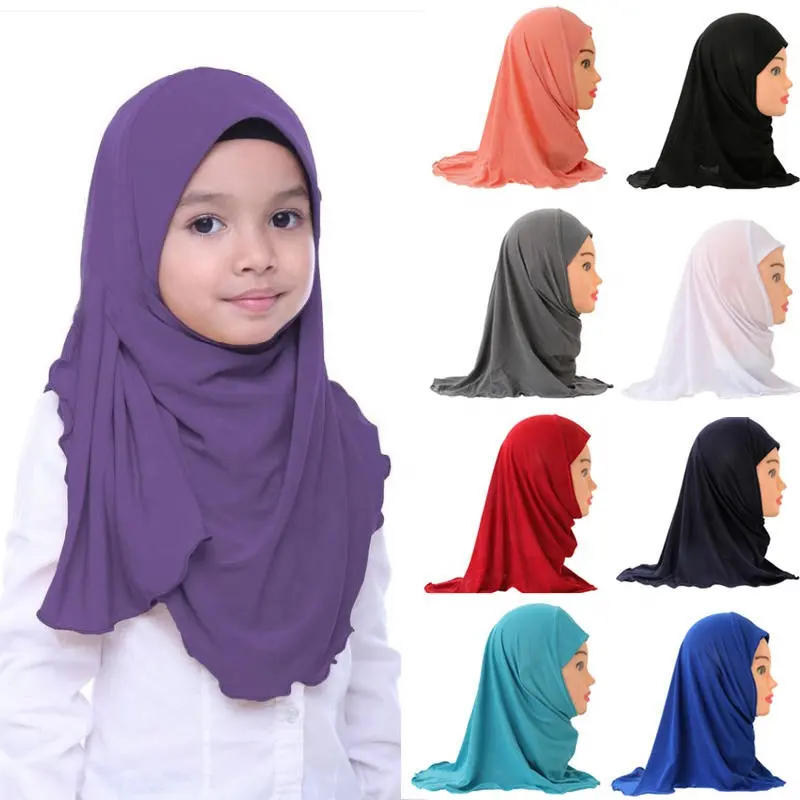 Großhandel Arabisch Soft Stretch Muslim Hijab 2-7Jahre Kinder Baby Mädchen Polyester Solid Color Hijab