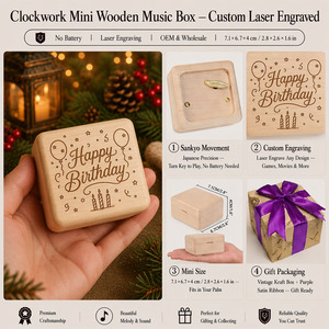 Boîte à <span class=keywords><strong>musique</strong></span> personnalisée Joyeux <span class=keywords><strong>Anniversaire</strong></span> en bois d'érable gravé au laser avec nom et date, cadeau souvenir OEM en gros - Product Image 2
