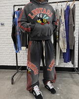 Ensemble de survêtement pour homme avec sweat à capuche zippé et pantalon de survêtement, broderie personnalisée effet vieilli, strass, délavé soleil et délavé à l'acide, fabrication sur mesure