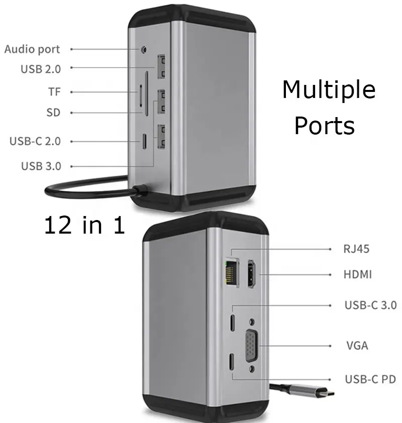 OEM sıcak satış 12-in-1 çoklu bağlantı adaptörü A A bağlantı istasyonu PD + HDMI + SD + TF + AUDIO3.5 + VGA + RJ45 + USB-C2.0 + USB-C3.0 + USB3.0 * 2 + USB2.0