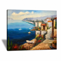 Peinture à l'huile peinte à la main 60x50cm, paysage marin de village côtier méditerranéen, toile tendue sur châssis, art mural pour salon