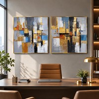 Peinture abstraite géométrique bleu-gris-or peinte à la main, motifs architecturaux et blocs de couleur pour toile murale moderne de salon