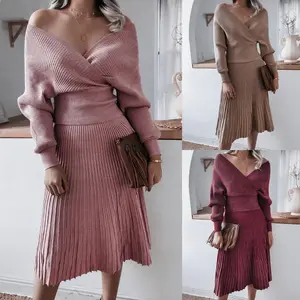 factory custom logo Autumn Long Sleeve Off Shoulder Sweater suit Pleated Skirt Bright Silk cotton Knit dress Two Piece Set