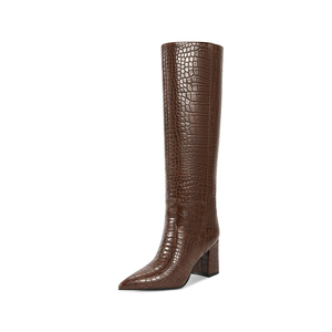 WETKISS Bottes aux genoux à <span class=keywords><strong>talon</strong></span> épais et à motif de crocodile de soie de lait <span class=keywords><strong>noir</strong></span> en vedette-Brun mat - Product Image 3