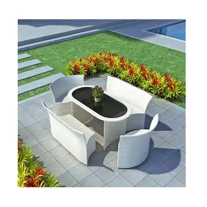 लक्जरी आधुनिक व्हाइट गार्डन आउटडोर विकर केन फर्नीचर आंगन एल्यूमिनियम मजबूत रतन डाइनिंग टेबल सेट 6 कुर्सियाँ
