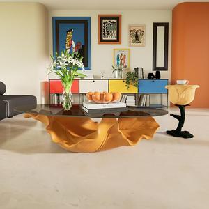 Tavolino da Caffè Moderno di Lusso a Forma di Foglia, <span class=keywords><strong>Design</strong></span> Creativo in Fibra di <span class=keywords><strong>Vetro</strong></span>, <span class=keywords><strong>Tavolo</strong></span> Centrale con Piano in <span class=keywords><strong>Vetro</strong></span> <span class=keywords><strong>Rotondo</strong></span> per Hotel e Villa - Product Image 1
