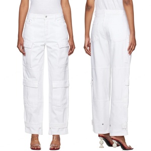 Custom Women 100% Cotton White Cargo Jeans <b>Trousers</b> With Bellows Pockets Straight Leg Jean Pants - Product Image 6