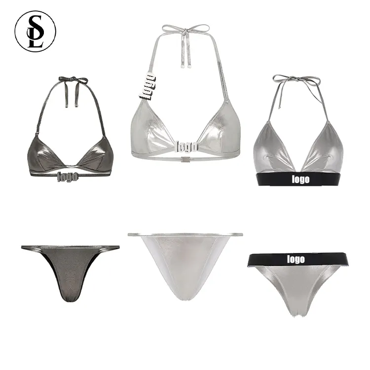 Bikini métallique personnalisé métal Logo maillots de bain actif deux pièces maillots de bain paillettes String or argent métallique maillots de bain 2023
