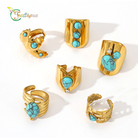 Anillo de Acero Inoxidable 316L con Turquesa Dorada, Piedra Natural y Circonita Cúbica, Ajustable, para Mujer, Venta al por Mayor, Personalizado, OEM