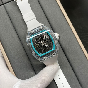 Montre mécanique automatique squelette en cristal transparent pour homme RM055, montre de sport en caoutchouc blanc de forme tonneau - Product Image 6