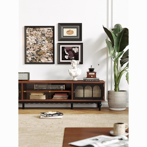 Meuble TV en bois massif de style campagnard américain avec rangement, design rétro pour salon, petit appartement - Product Image 2