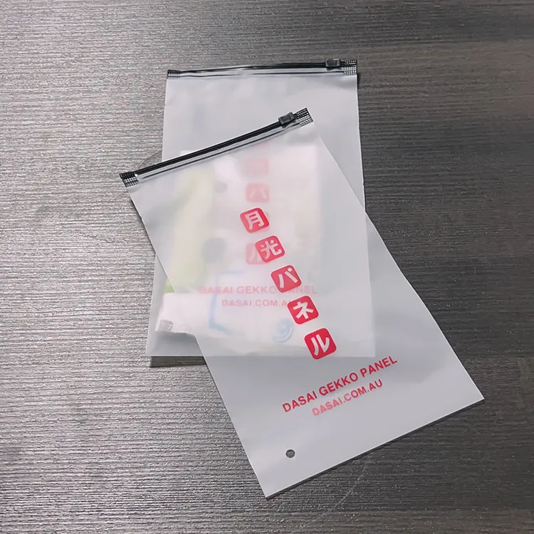 Campione gratuito bianco opaco CPE Slider plastica smerigliata imballaggio vestiti Underdress borsa con cerniera nera con Logo del marchio